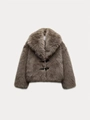 Short faux fur jacket in grey-brown with large lapels and black leather buckle fasteners - XS / Khaki