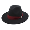 Classic black wide-brim wool fedora hat with a red ribbon and rhinestone buckle detail - Black