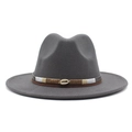 Detail of grey wool fedora hat with a woven ethnic band and golden shell accessory - Dark Gray