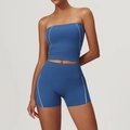Women's dark blue yoga set with high waist shorts and contrast side stripes - S / Tank Top + Shorts / Night Sky Blue