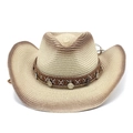 Chapeau de cowboy beige en paille tressée avec bandeau ethnique et breloques - M (56-58cm) / Style Ethnique Beige (4)