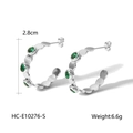 Pendientes de aro de acero 18K plateado con piedras verdes, 2,8 cm de diámetro - Estilo de Gema Verde en Forma de C (HC-E10276-S) / Plateado