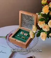Square wood jewelry box with embossed glass lid and green velvet interior 11x11x5cm - Cherry Wood Vintage Green Ring Small Box