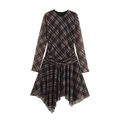 Vintage braunes kariertes Langarmkleid mit Rundhalsausschnitt und asymmetrischer Taille - S / Braunes Karo