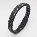 Braided leather bracelet in black with white stitching and magnetic buckle - Black Coffee Silver Thread with Black Clasp