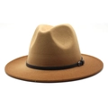 Detailed side view of caramel wool fedora with black leather band and metal buckle detail - M (56-58cm) / Khaki (04)