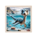 Educational 9-piece wooden puzzle featuring a cute blue cartoon ocean dinosaur - Plesiosaur