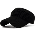 Detail of black knitted visor hat showing rib-knit brim and wavy textured breathable fabric - Black