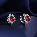Elegant silver earrings featuring a central oval red stone with a zircon halo - Red Diamond Sunflower Earrings Led-138