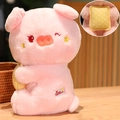Pink plush pig toy with wagging tail feature holding a yellow star patterned cushion - Pillow Pig 30cm
