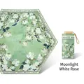 Mini flat green floral umbrella with white rose patterns and matching storage case - Flat 6-Fold Black Glue Moonlight White Rose (Outer Print)