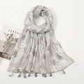Artistic floral cotton linen scarf with tassels in grey and cream white tones - Xb512-02 / 180*90CM