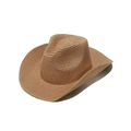 Detail of hand-woven straw cowboy hat featuring wide curved brim and classic crown design - Camel