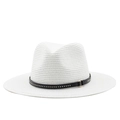 Close-up of a white straw fedora hat featuring a black leather band with metallic studs - M (56-58cm) / Pure White