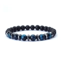 Detail of blue tiger eye and matte black onyx beads bracelet with silver spacers - 8 mm / Matte Black + Blue Tiger Eye