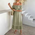 Bohemian off-shoulder green maxi dress with ruffle hem for casual summer vacation style - S / Green