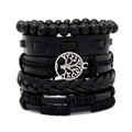 Multilayer black bead and leather bracelet set with silver Tree of Life charm pendant - Black Multi-Layer Combination Style