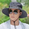 Men's outdoor sun hat with wide brim, mesh vents and windproof strap in grey - Dark Grey F-14