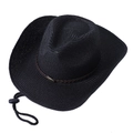 Classic black straw cowboy hat with brown braided leather band and adjustable chin strap - 58cm One Size / Black