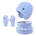 Light blue knit winter set including a fleece-lined earflap hat, snood, and touchscreen gloves - 3-Piece Set - Two-Tone Lake Blue