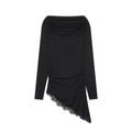 Haut noir à épaules dénudées pour femme avec ourlet asymétrique en dentelle et fronces - S / Café