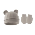 Detail of baby rib-knit set with bear ear beanie and anti-scratch mittens in taupe - Hat And Gloves / Flaxen