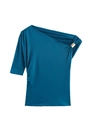 Detail of teal blue one-shoulder top featuring pleated design and gold metal buckle ring - XS / Dark Blue