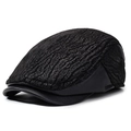 Classic black men's flat cap in textured faux leather and fabric for winter - Adjustable / Black