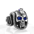 Gothic skull and snake ring in vintage silver with blue sapphire zircon accents - Deep Blue Stone Skull Snake