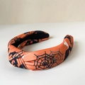 Knotted orange Halloween headband with black spider web pattern and fabric texture - C-Orange Spider Web