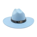Light blue wide brim wool fedora hat with lion head buckle and patterned band - Light Blue