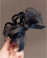 Elegant large black double-layered bow hair claw clip with satin and glitter mesh detail - Black Gauze Bow Claw Clip