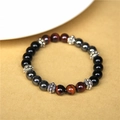 Elastic beaded bracelet with brown tiger eye, black beads and silver metal spacers - 19cm/8mm Bead Diameter / Red Tiger Eye