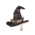 Vintage witch hat brooch with colorful rhinestones and gold trim on white background - Black Star Witch Hat