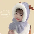 Detail of baby winter hood with plush faux fur lining and cute brown reindeer antlers - Grey Blue Antler Integrated Hat