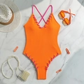 Detail of ribbed orange one-piece swimsuit with pink cross-tie laces and V-neckline - Orange Red