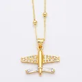 Gold airplane pendant necklace with sparkling cubic zirconia on a beaded chain - Airplane-Full Stone Wing (Style A)