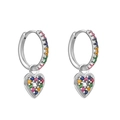 Detailed view of silver heart earrings encrusted with colorful rainbow cubic zirconia - Silver Hoop Heart Dangle - Multicolor