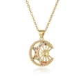 Detail of gold circular pendant with sunburst design and colorful zircon stones - Star Moon Wheel Style (D779)
