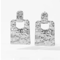Irregular textured square earrings in polished silver stainless steel for women - Rectangular Plate Style (D2813) / Silver