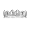 Macro detail of silver hip hop grillz with zircon inlay and star pattern engraving - Upper / Silver