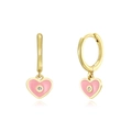 Pink heart enamel earrings with gold hoop and centered small diamond-like crystal - LN0977-5 Pink Enamel Heart Pendant Earrings