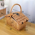 Handwoven wicker picnic basket in natural brown with blue floral lining and leather buckle - Handheld Picnic Basket / Natural Wood Color