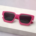 Detail of trendy rose pink rectangular thick frame sunglasses with dark grey lenses - Rose Red Frame Grey Lens