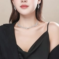 Luxury silver cubic zirconia flower bridal jewelry set with necklace and earrings - DTN14026395SZ-Silver Floral Rhinestone