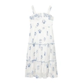 Gestuftes Midikleid mit Blumenmuster, blauen Rüschen und botanischem Print auf Weiß - XS / Blaues Blumenmuster