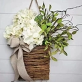White hydrangea hanging flower basket with brown polka dot ribbon on wooden wall - Style 1 Polka Dot Bow / 38cm Boxed