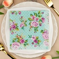 Mint green square paper napkin with pink floral rose pattern and white polka dots - Mint Green Pink Rose (1013)