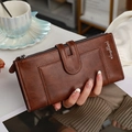 Elegant long brown faux leather wallet for women with zipper and buckle closure - Dark Brown