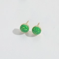 Minimalist round stud earrings featuring green and yellow enamel inlay with golden wavy edges - Green